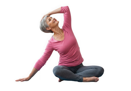 Woman in pink shirt doing yoga pose with arm raised overhead on transparent background