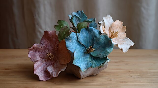 Handmade Nerikomi Ceramic Flower Sculpture on Wooden Table &ndash; Colorful Clay Floral Art for Home Decoration and Fine Craft Display