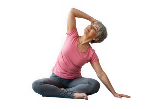 Woman with gray hair stretches in a seated yoga position pose on transparent background - Powered by Adobe