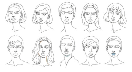 Minimalist line art portraits of diverse women with various hairstyles