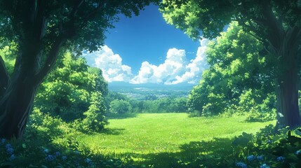Lush green field framed by trees, sunny sky