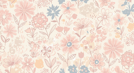 Soft pastel floral pattern with hand drawn flowers and leaves in seaml