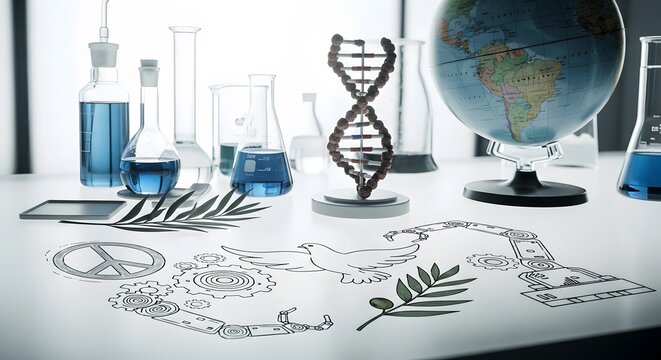 Science, Peace, and Technology: Conceptual Still Life with DNA Model.
