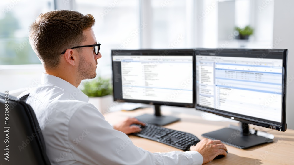 Poster a man wearing glasses works at a desk with dual monitors displaying data and emails in a modern offi