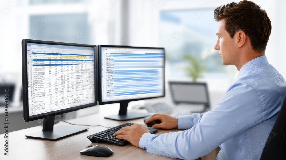 Poster a man in a blue shirt works at a desk with dual monitors displaying spreadsheets and data in a moder