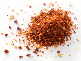 Vibrant red chili flakes sprinkled on a clean white surface creating a dynamic texture for culinary inspiration and food photography