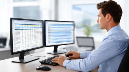 A man in a blue shirt works at a desk with dual monitors displaying spreadsheets and data in a modern office setting.