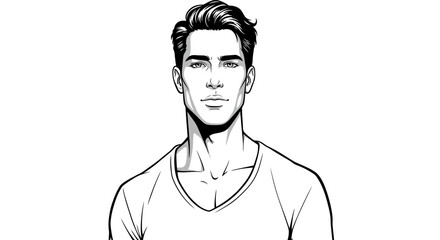 Monochrome portrait of a confident man in v-neck shirt, bold outline s