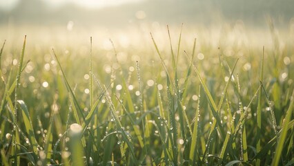 Obraz premium Dew-covered grass in the early morning with a blurred background