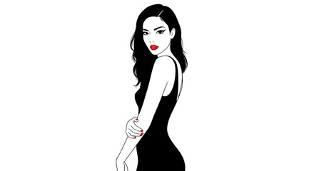 Elegant woman in black dress with red accents on white background