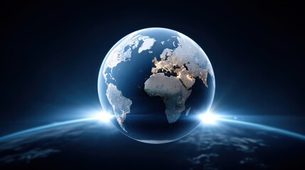 Fototapeta premium A digital globe highlighting continents floats above Earth