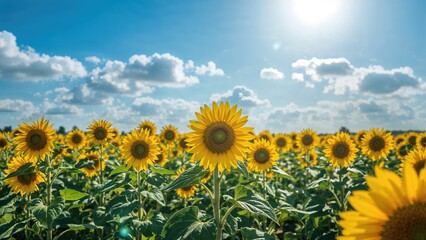 Obraz premium Golden sunflowers stretching across farmland