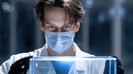 A scientist wearing a mask and gloves carefully examines a transparent glass panel in a laboratory setting.