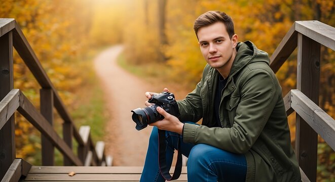 Portrait of a handsome young man, a photographer with a professional camera, sitting on wooden stairs in a serene autumn park.