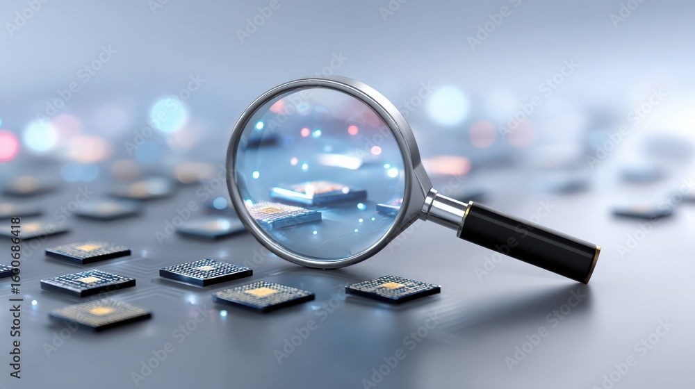 Poster a magnifying glass closely examines small computer chips scattered on a smooth surface with a blurre