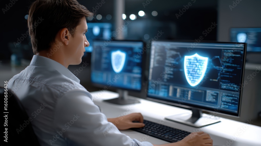 Poster a focused man works on cybersecurity, analyzing code and shield icons on dual monitors in a dark off