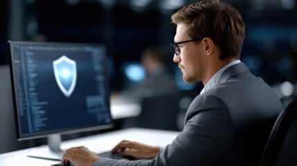 A focused man in a suit works on cybersecurity, analyzing code and monitoring a digital shield on a computer screen in a modern office environment.