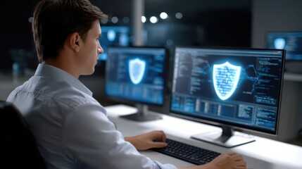 A focused man works on cybersecurity, analyzing code and shield icons on dual monitors in a dark office environment.
