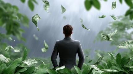 A man in a suit stands among leaves as dollar bills rain down around him in a symbolic depiction of financial success or wealth.