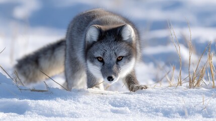 Arctic fox with thick gray fur stalking through snow in a cold, snowy landscape with dry grass patches.