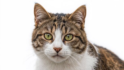 A detailed close-up of a tabby and white stray cat with green eyes and a touch of dirt in its fur, set against a clean white background.