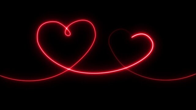 Red color neon glowing Two love hearts. Valentine's Day indicate. Love One line drawing concept. Bright glowing neon valentines love heart symbol animation