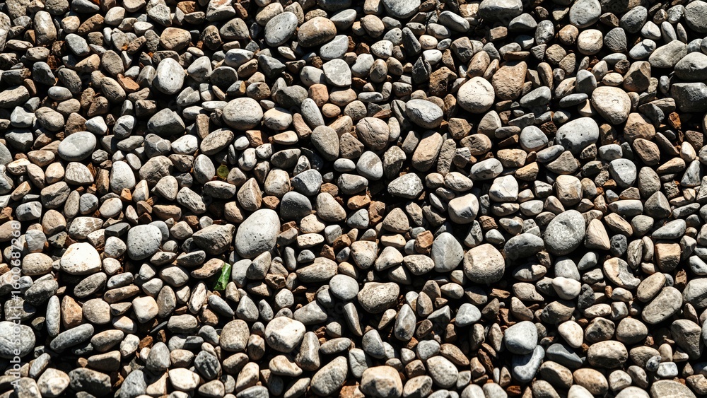 Poster sunlight accentuates the distinct patterns and hues of small stones.