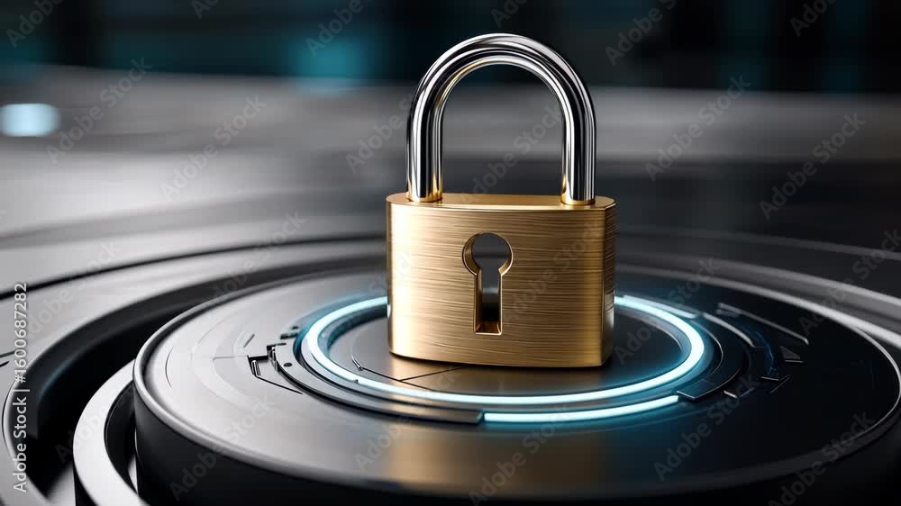 Poster focus on a locked padlock on a high-tech surface showcasing security elements in a modern digital en
