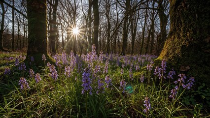 Golden beams of sunlight shining on Corydalis flowers in a forest setting