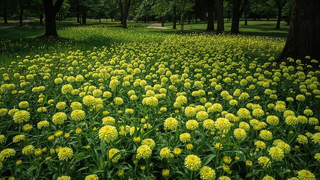 Summer Scene with Green Chrysanthemum Blossoms Filling the Park