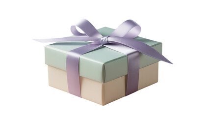 Obraz premium A light green and cream gift box tied with a pale purple ribbon and bow isolated on transparent background