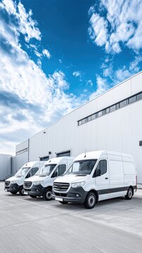 Busy Logistics Center with Delivery Vans Parked in Front of Warehouse Wall - Commercial Transport and Shipping Concept with Copy Space