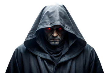 A mysterious figure wearing a dark hooded robe with glowing red eyes stares intently forward isolated on a transparent background
