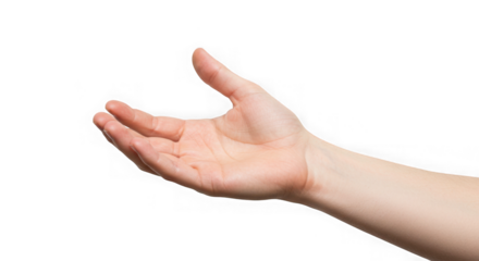 Open hand gesture against a stark, solid color background on transparent background