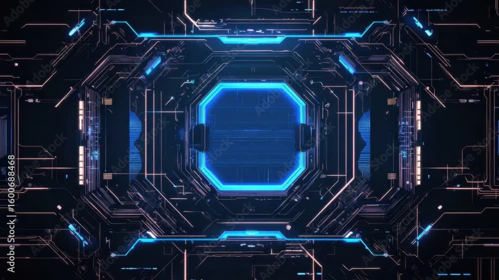 Poster futuristic abstract technology background with neon blue and orange circuit patterns in a dark envir