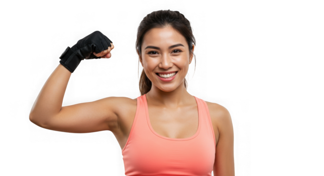 Smiling woman flexing her arm wearing a black wrist wrap glove on transparent background