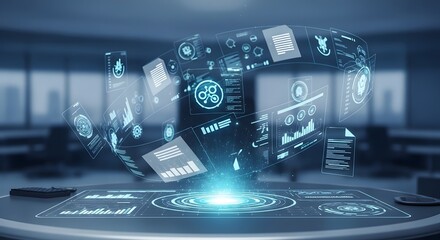 Holographic Data Interface Displaying Floating Data Screens