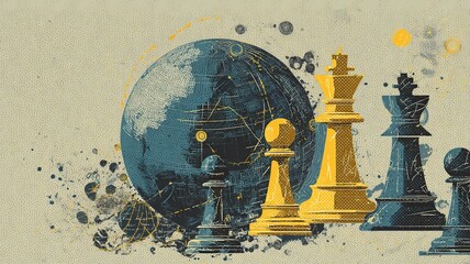 Infographic-style backdrop with globe, chess pieces for strategy, and dotted lines for global relations, with open space for custom text.