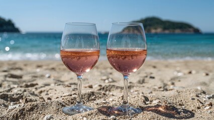 Refreshing rosÃ© wine served on a bright, sandy coastline on a summer day