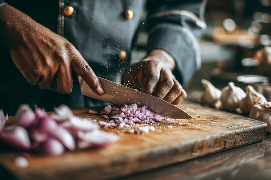 Chef cutting red onions on a wooden board in a kitchen with a sharp knife