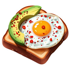 Slice avocado and fried Cornish hen egg on toasted bread - isolated on white background. Generative AI
