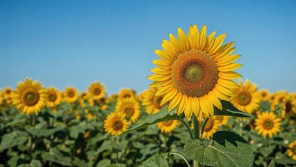 Fototapeta premium Yellow sunflower blooming in an expansive meadow beneath a clear azure sky
