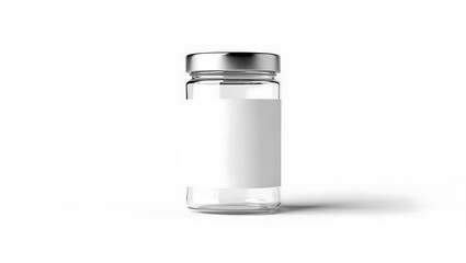 Isolated clear glass jar with silver lid and blank white label on a plain white background studio shot