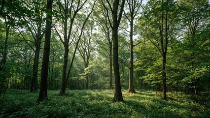 Fototapeta premium Gentle sunlight streaming in a serene forest setting