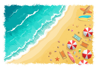 Illustration depicts a sunny beach scene with ocean waves, surfboards, and beach umbrellas.
