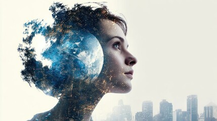 Beautiful woman with earth merged into her head, global thinking and environment fusion, double exposure, digital silhouette, cyber human