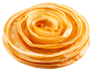 Golden Spiral Chinese Pancake, Side Angle View, isolated on a transparent background.