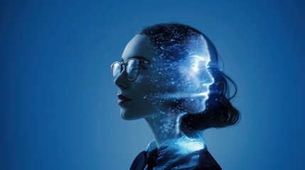 Double exposure of digital woman in glasses and floating ai head in hologram, futuristic technology look, digital silhouette, cyber human design