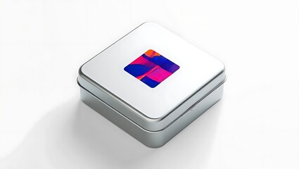 Close up of a silver metal box with a colorful abstract diamond sticker on a white background studio shot