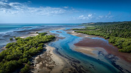 Aerial view reveals coastal landscape with a winding turquoise river flowing through a marshy region alongside a lush green forest